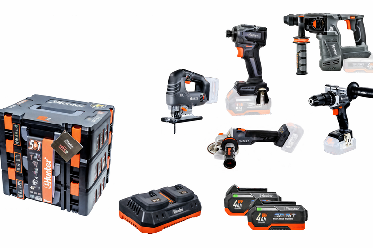סט כלים נטען 18V פטישון+מברגת אימפקט+משחזת+מסור אנכי+מברגה/מקדחה רוטטת סוללות Hunter 18V 4Ah