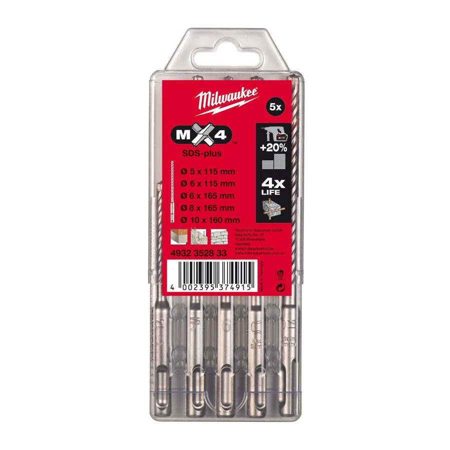 סט מקדחים צלב 4 ראשים לפטישון 5 יח' Milwaukee SDS PLUS
