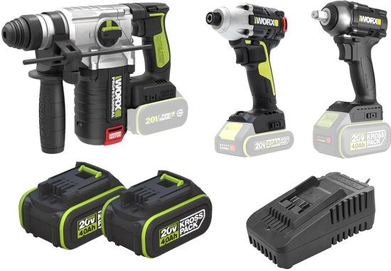 סט כלים נטענים WORX 20V – פטישון + מברגת אימפקט + מפתח רטיטה + 2 סוללות 4Ah בתיק קשיח