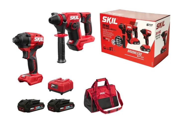 סט נטען 20V פטישון + מברגת אימפקט 2 סוללות Skil Brushless 2Ah