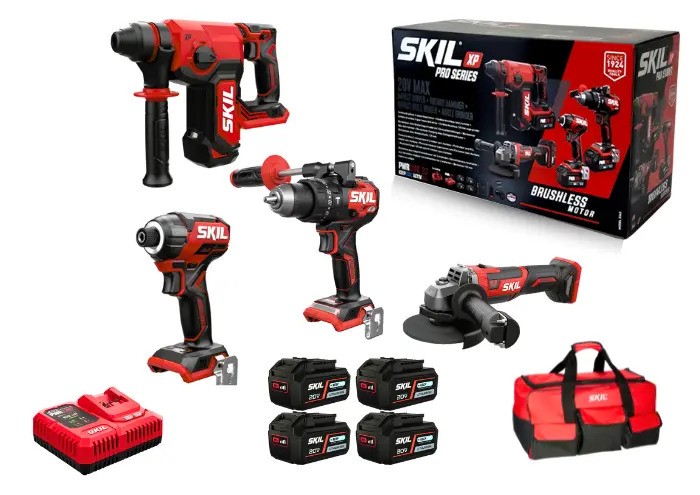 סט נטען 20V מברגת אימפקט+פטישון+משחזת+מברגה רוטטת 4 סוללות Skil Brushless 4Ah