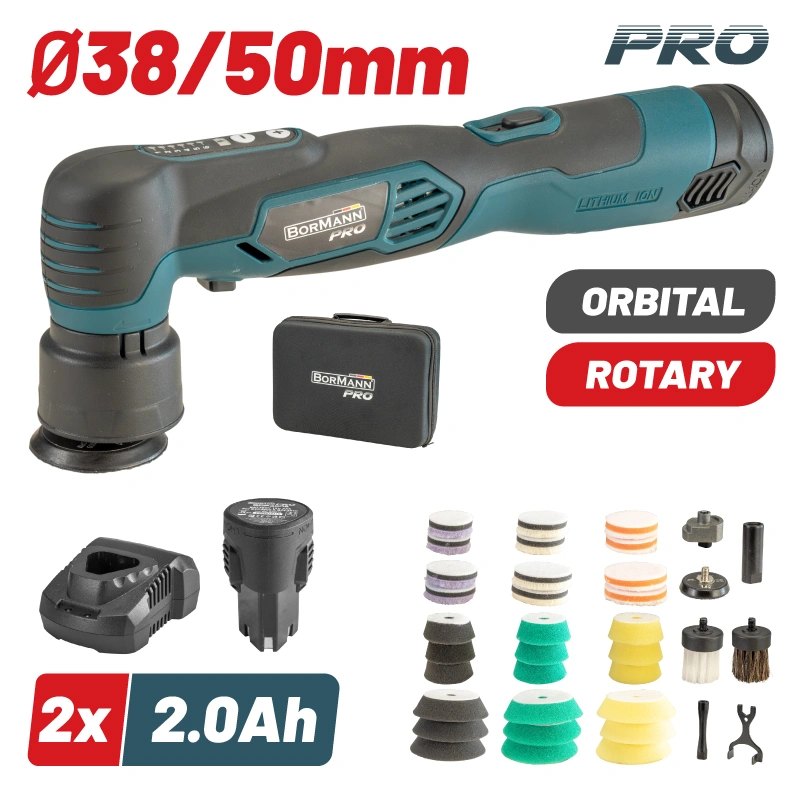 מלטשת מיני אקצנטרית-50ממ+אביזרים Bormann Pro-12V-2-2A