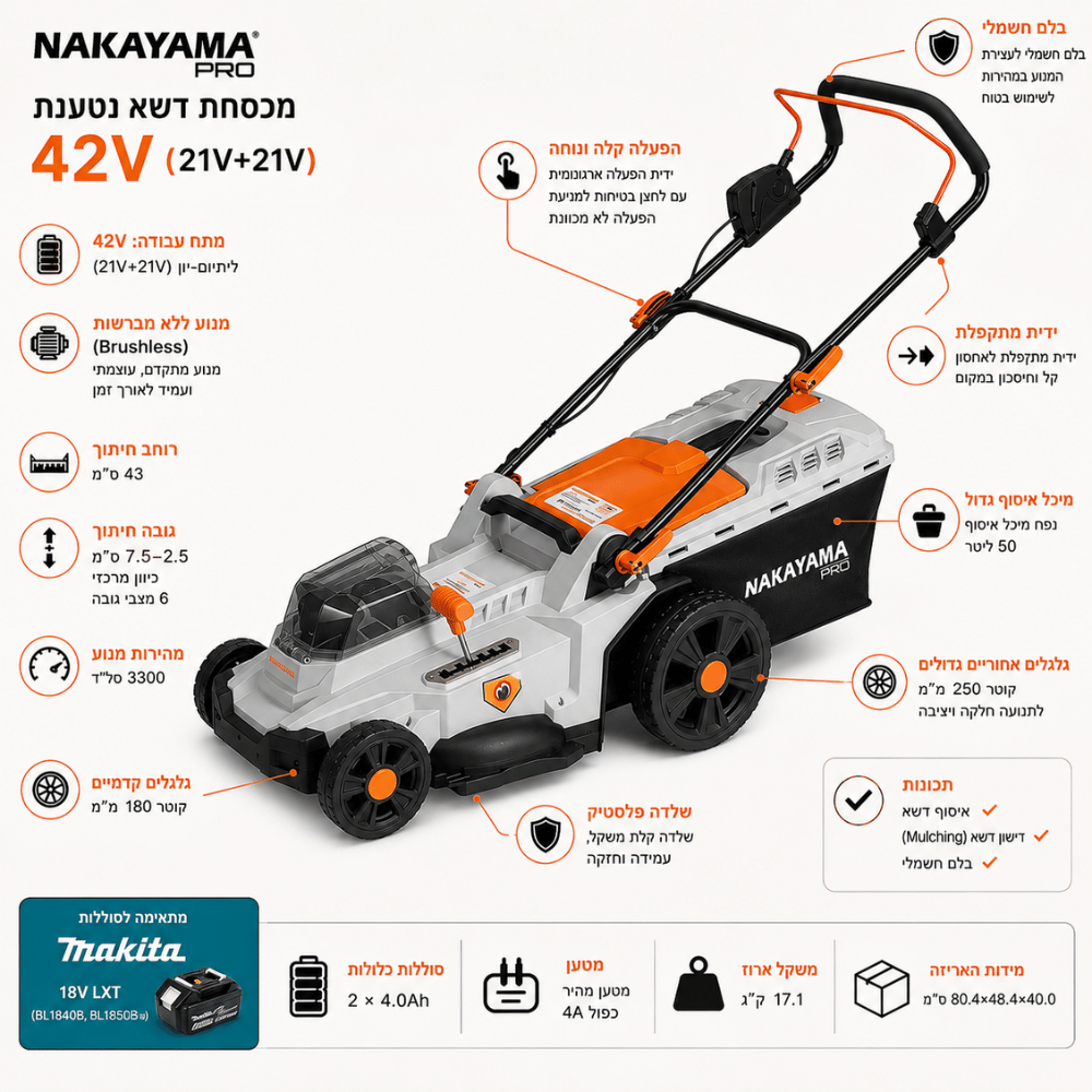מכסחת דשא נטענת Nakayama Pro-42V-2-4A-43cm