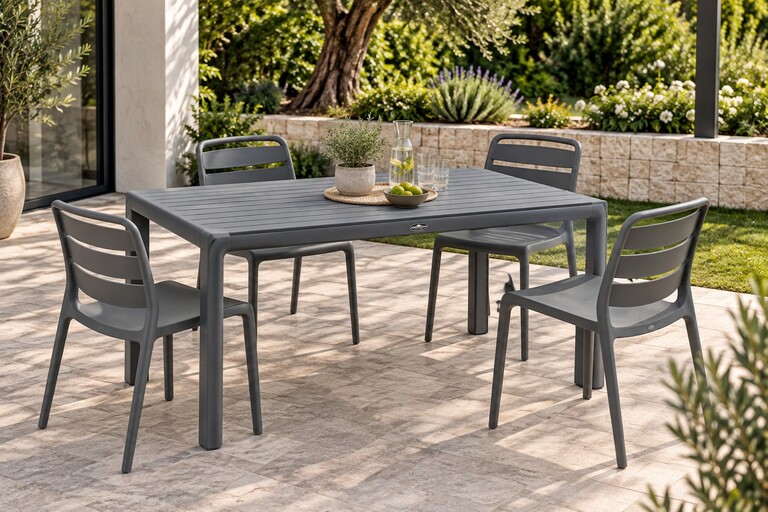 סט שולחן בריסל אפור + 4 כיסאות פלסטיק דגם טוסון אפור Australia Garden