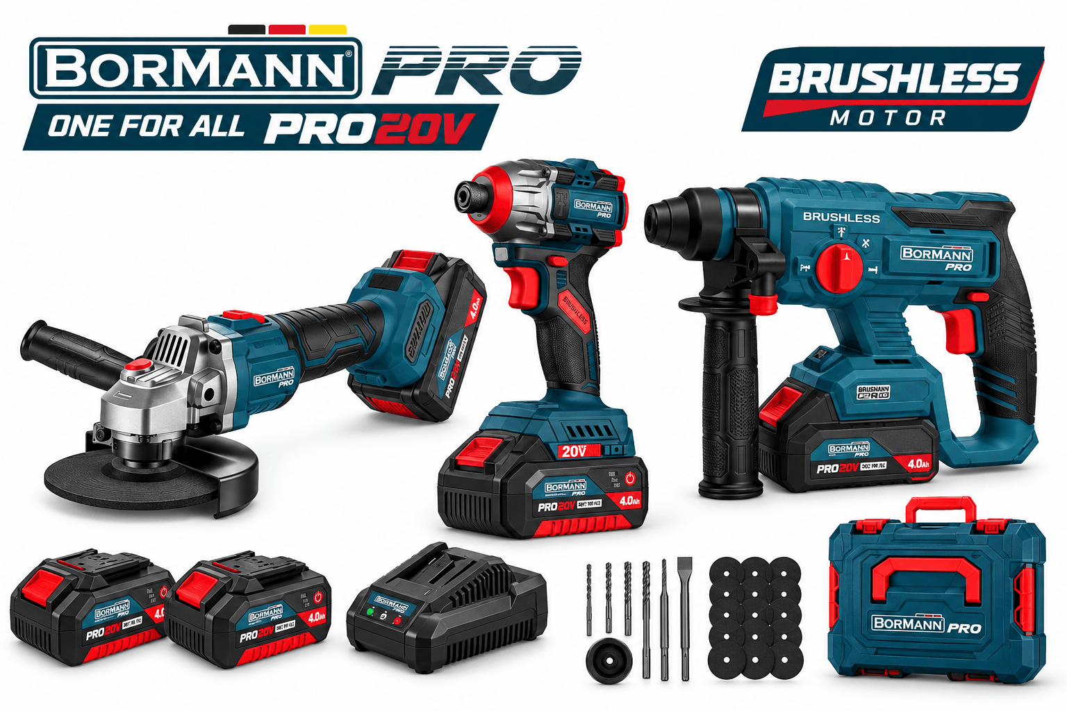 סט פטישון+אימפקט+משחזת+אביזרים Bormann Pro-20V-2-4AH